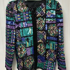 Vintage 80s/90s Laurence Kazar Silk HANDMADE Sequin & Beaded full length blazer